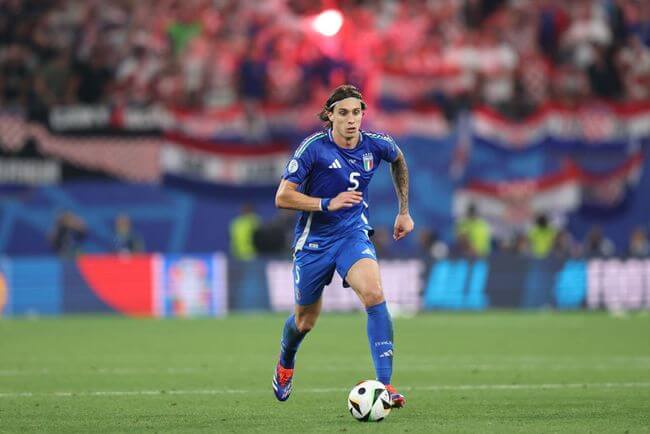 Riccardo Calafiori of Italy during the UEFA EURO 2024 group stage match between Croatia and Italy at Football Stadium Leipzig on June 24, 2024 in Leipzig, Germany.