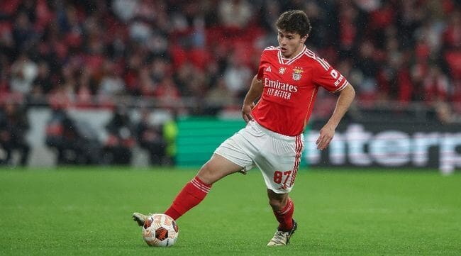 Joao Neves in action for Benfica against Rangers in March 2024.