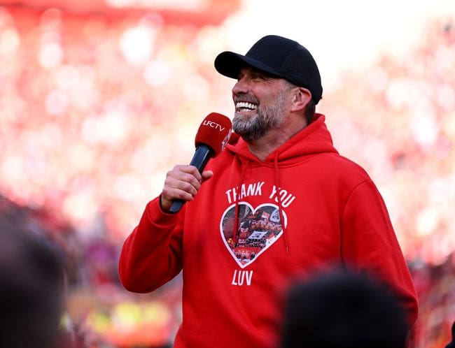 (THE SUN OUT, THE SUN ON SUNDAY OUT) Jurgen Klopp manager of Liverpool at the end of the Premier League match between Liverpool FC and Wolverhampton Wanderers at Anfield on May 19, 2024 in Liverpool, England. (Photo by Andrew Powell/Liverpool FC via Getty Images)