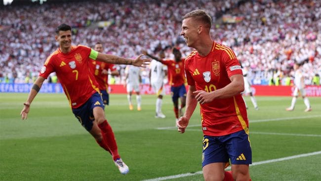 Dani Olmo Manchester City target celebrates with Alvaro Morata scoring Spain's first goal against Germany at Euro 2024.