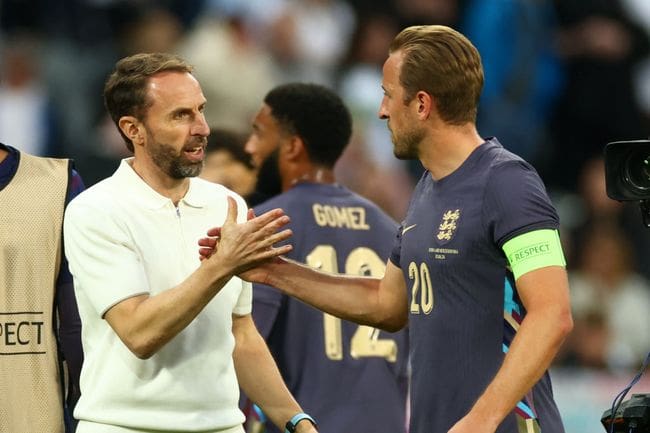 England manager Gareth Southgate with Harry Kane after the international friendly match between England and Bosnia & Herzegovina at St James' Park in June 2024.