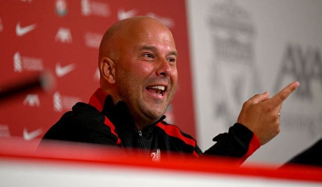 Arne Slot new head coach of Liverpool during his first press conference at AXA Training Centre on July 05, 2024 in Kirkby, England.