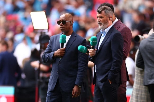 Roy Keane and Ian Wright doing television work at the 2024 FA Cup final.