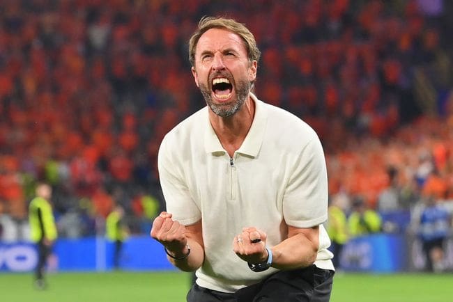 Gareth Southgate celebrates England's win over the Netherlands at Euro 2024.