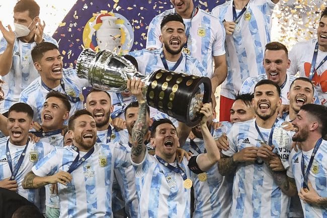 Lionel Messi and his Argentina team-mates celebrate their Copa America win in 2021