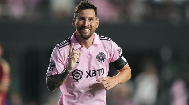 Lionel Messi celebrates a goal for Inter Miami.