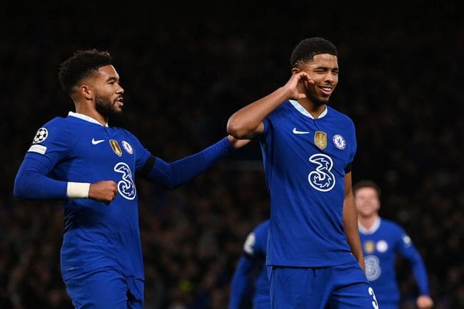 Wesley Fofana of Chelsea celebrates after scoring their sides first goal during the UEFA Champions League group E match between Chelsea FC and AC Milan at Stamford Bridge on October 05, 2022 in London, England.