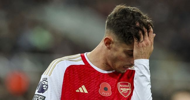 Arsenal star Kai Havertz brushes his face during the Premier League match between Newcastle United and Arsenal FC at St. James Park on November 4, 2023 in Newcastle upon Tyne, England.