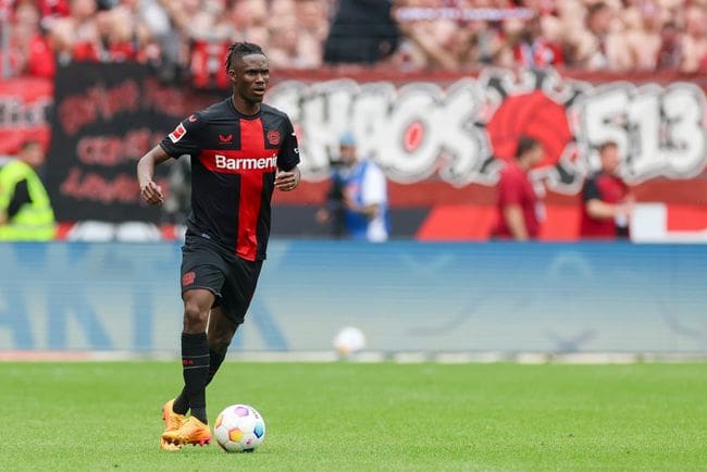 Odilon Kossounou of Bayer 04 Leverkusen controls the ball during the Bundesliga match between Bayer 04 Leverkusen and FC Augsburg at BayArena on May 18, 2024 in Leverkusen, Germany. (Photo by Marco Steinbrenner/DeFodi Images via Getty Images) Liverpool target