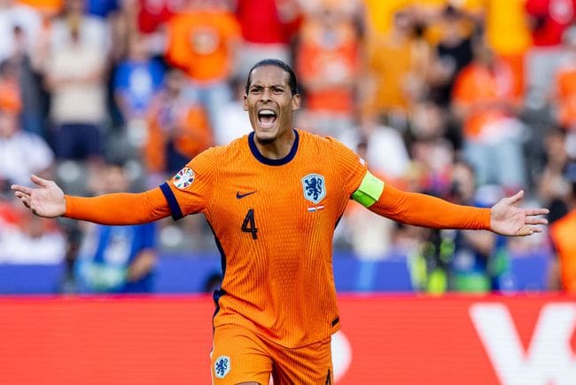 Netherlands Euro 2024 squad Liverpool captain Virgil van Dijk of Holland disappointed during the EURO match between Holland v Austria at the Olympiastadium on June 25, 2024 in Berlin Germany (Photo by Geert van Erven/Soccrates/Getty Images)