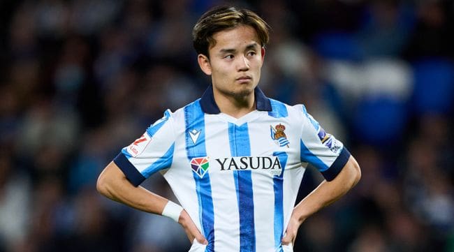 SAN SEBASTIAN, SPAIN - JANUARY 02: Takefusa Kubo of Real Sociedad looks on during the LaLiga EA Sports match between Real Sociedad and Deportivo Alaves at Reale Arena on January 02, 2024 in San Sebastian, Spain. (Photo by Juan Manuel Serrano Arce/Getty Images)