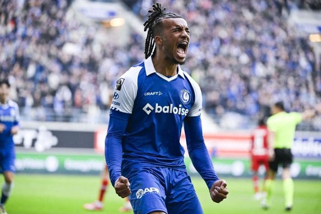 Manchester United target Gent's Archibald Archie Brown celebrates after a goal during a soccer match between KAA Gent and Royal Antwerp FC, Sunday 25 February 2024 in Gent, on day 27 of the 2023-2024 season of the 'Jupiler Pro League' first division of the Belgian championship. BELGA PHOTO TOM GOYVAERTS (Photo by Tom Goyvaerts / BELGA MAG / Belga via AFP) (Photo by TOM GOYVAERTS/BELGA MAG/AFP via Getty Images)
