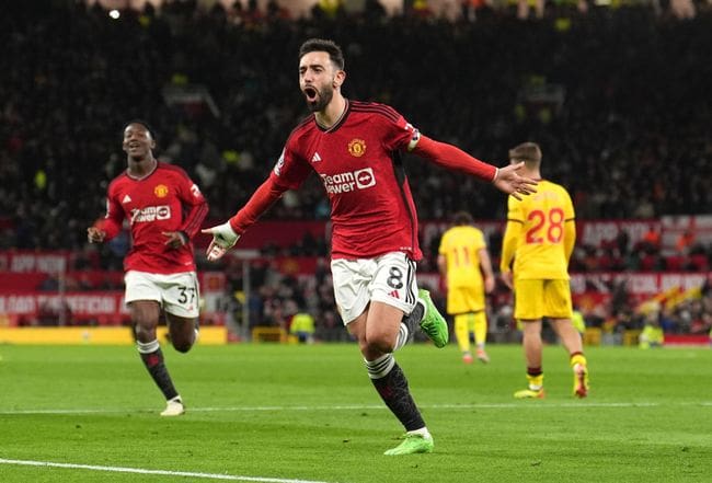 Manchester United captain Bruno Fernandes celebrates after scoring against Sheffield United in the Premier League, April 2024