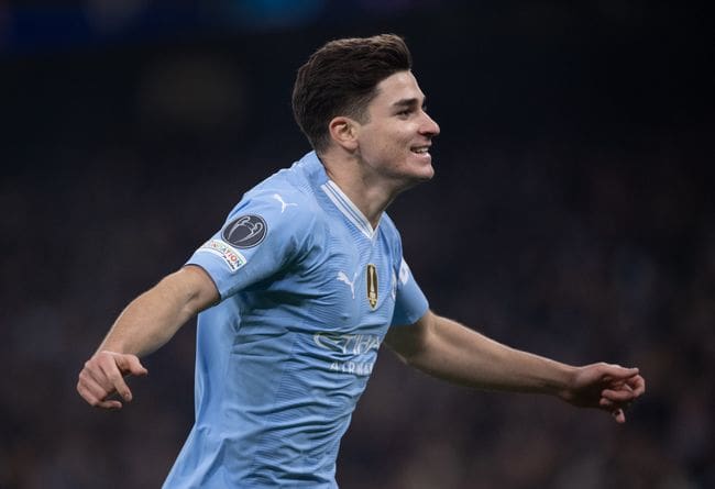 Julian Alvarez celebrates after scoring for Manchester City