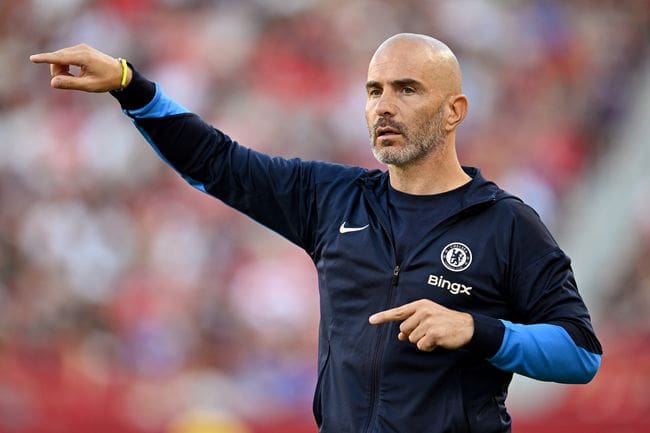 Enzo Maresca, Head Coach of Chelsea coaches from the sidelines during the Pre-Season Friendly match between Chelsea FC and Wrexham at Levi's Stadium on July 24, 2024 in Santa Clara, California. (Photo by Darren Walsh/Chelsea FC via Getty Images)