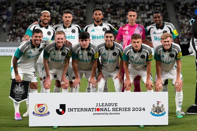 Newcastle United players pose for a photo ahead of their friendly match against Yokohama F Marinos in Tokyo, Japan, August 2024