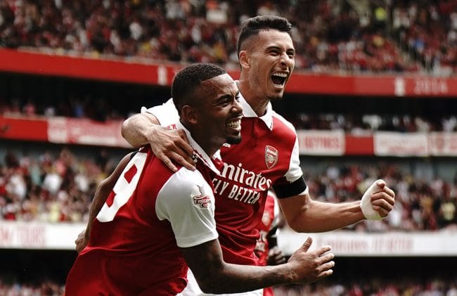 Gabriel Jesus (left) celebrates with Gabriel Martinelli as the Brazil pair link up at Arsenal.