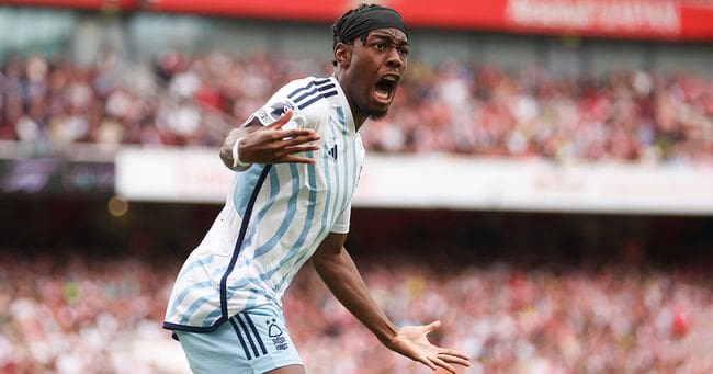 Anthony Elanga of Nottingham Forest celebrates after teammate Taiwo Awoniyi (not pictured) scores the team's first goal during the Premier League match between Arsenal FC and Nottingham Forest at Emirates Stadium on August 12, 2023 in London, England.