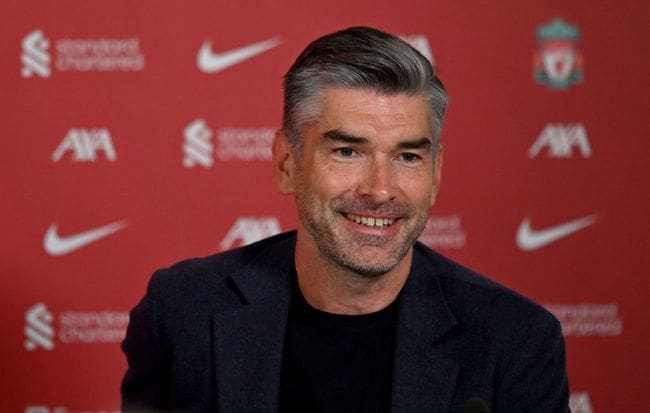 Richard Hughes sporting director of Liverpool during his first press conference at AXA Training Centre on July 05, 2024 in Kirkby, England.