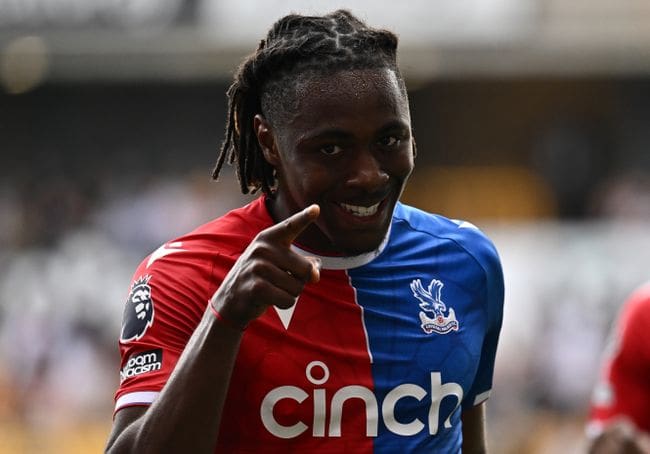 Eberechi Eze celebrates after scoring for Crystal Palace against Wolves in May 2024.