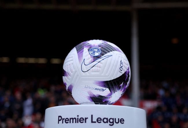 The Nike Flight 2024 Premier League match ball is seen on a plinth prior to the Premier League match between Nottingham Forest and Manchester City at City Ground on April 28, 2024 in Nottingham, England.