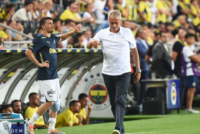 Jose Mourinho of Fenerbahce reacts during the UEFA Champions League Third Qualifying Round: Second Leg match between Fenerbahce and Lille FC at Ulker Sukru Saracoglu Stadium on August 13, 2024 in Istanbul, Turkey.