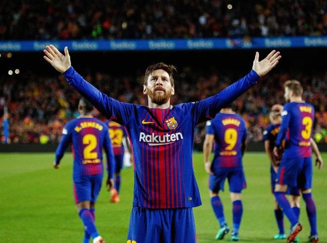 Lionel Messi celebrates after scoring for Barcelona against Real Madrid at the Camp Nou, Barcelona, May 2018