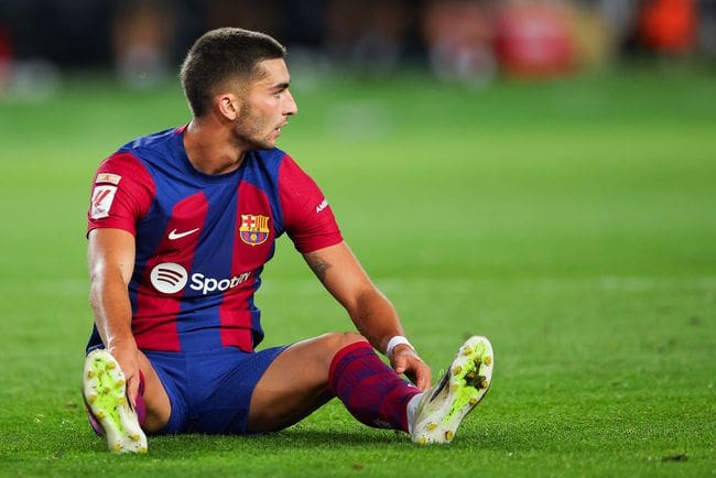 Newcastle United Ferran Torres of FC Barcelona reacts during the LaLiga EA Sports match between FC Barcelona and Celta Vigo at Estadi Olimpic Lluis Companys on September 23, 2023 in Barcelona, Spain.