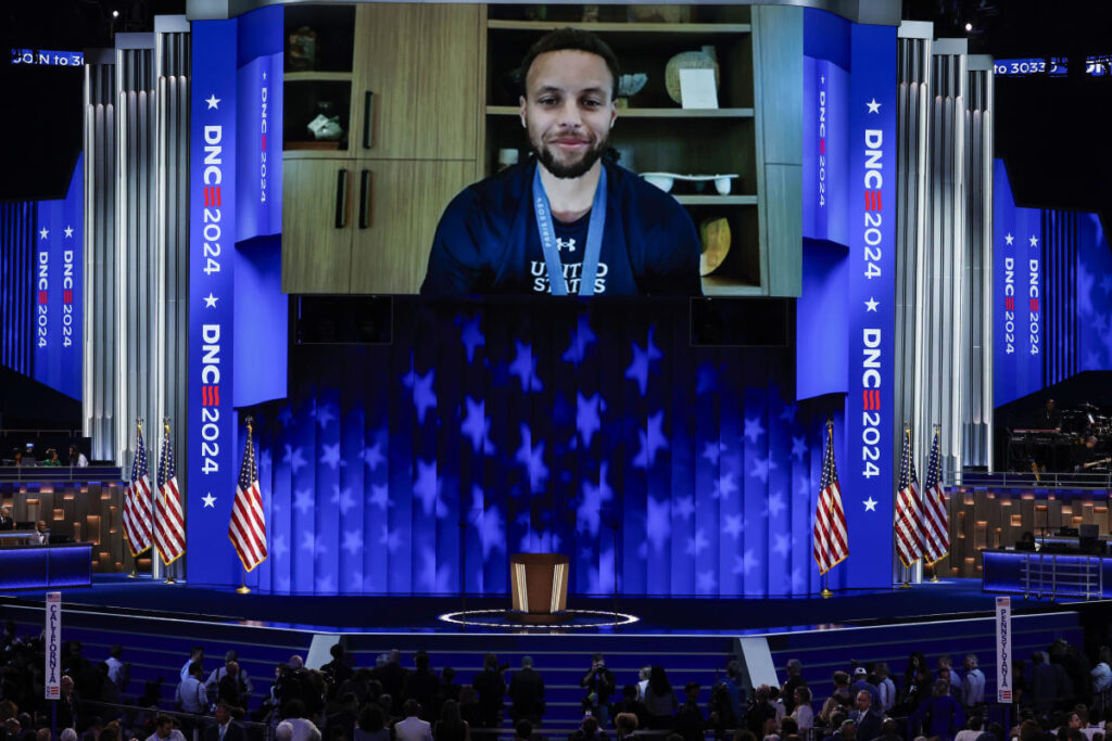 Kamala Harris is video-streamed at DNC with the Olympic gold medalist Stephen Curry.