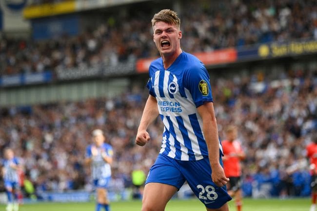 Evan Ferguson of Brighton Manchester City celebrates after scoring the team's fourth goal during the Premier League match between Brighton & Hove Albion and Luton Town at American Express Community Stadium on August 12, 2023 in Brighton, England.