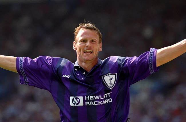 Teddy Sheringham celebrates after scoring for Tottenham Hotspur against Manchester City, August 1995