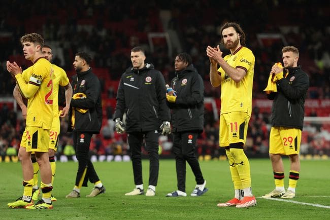 Ben Brereton Diaz of Sheffield United acknowledges the fans following the Premier League match between Manchester United and Sheffield United at Old Trafford on April 24, 2024 in Manchester, England. (Photo by Matt McNulty/Getty Images)