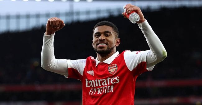 Arsenal star Reiss Nelson celebrates victory following the Premier League match between Arsenal FC and AFC Bournemouth at Emirates Stadium on March 04, 2023 in London, England.