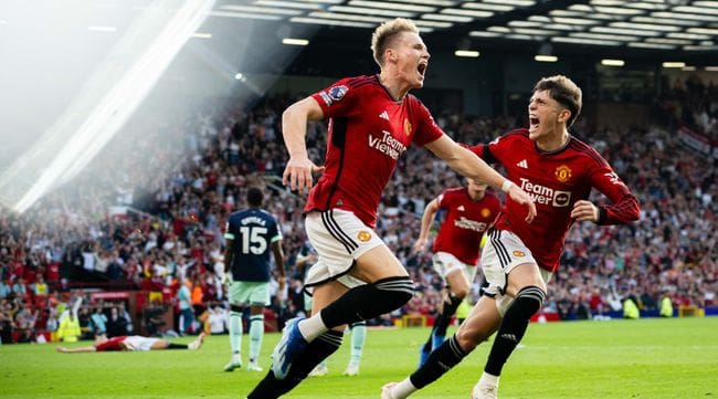 Scott McTominay celebrates after scoring the winning goal for Manchester United against Brentford at Old Trafford, October 2023