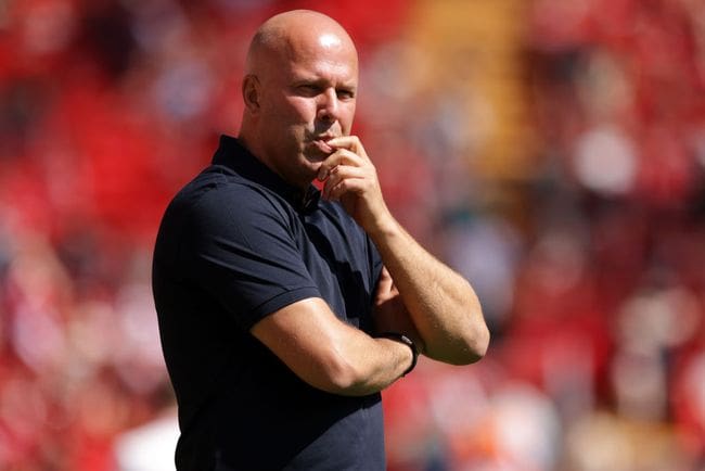 LIVERPOOL, ENGLAND - AUGUST 11: Liverpool manager Arne Slot looks on during the Pre-Season Friendly between Liverpool and Sevilla, at Anfield on August 11, 2024 in Liverpool, England. (Photo by Barrington Coombs/Getty Images)