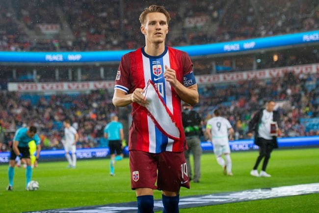 Martin Odegaard of Norway looks on during the UEFA Nations League 2024/25 League B Group B3 match between Norway and Austria at the Ullevaal Stadion on September 9, 2024 in Oslo, Norway.