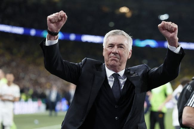 Carlo Ancelotti celebrates Real Madrid's Champions League final win against Borussia Dortmund in June 2024.