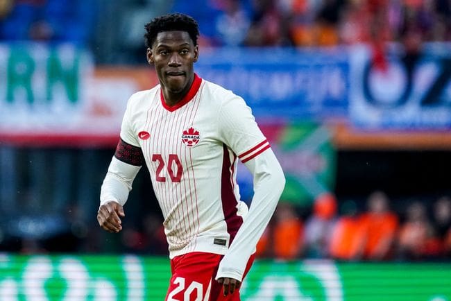 Jonathan David of Canada looks on during the international friendly match between Netherlands and Canada at De Kuip on June 6, 2024 in Rotterdam, Netherlands. (Photo by Rene Nijhuis/MB Media/Getty Images)