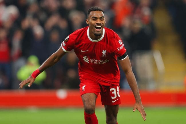 Ryan Gravenberch of Liverpool celebrates after scoring his side's fourth goal during the UEFA Europa League match between Liverpool and Toulouse at Anfield on October 26, 2023 in Liverpool, England. (Photo by James Gill - Danehouse/Getty Images)