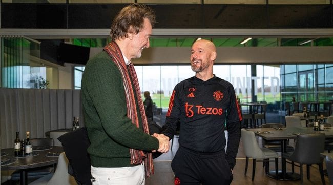 Manchester United partial owner Sir Jim Ratcliffe meets manager Erik ten Hag in January 2024.