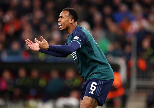 Gabriel in action for Arsenal against Bayern Munich in the Champions League in April 2024.