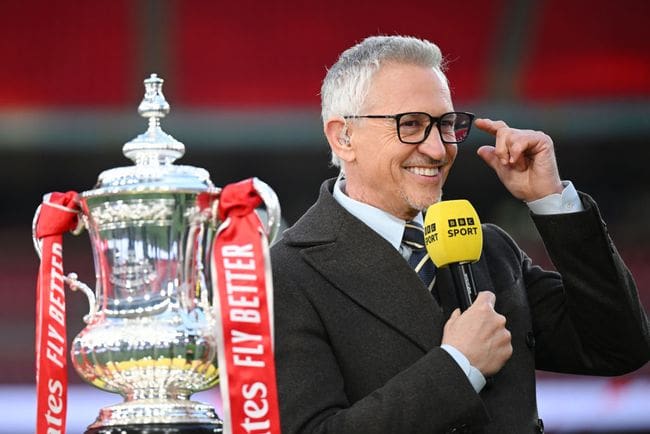 Euro 2024 BBC BBC presenter Gary Lineker looks on with the FA Cup trophy after the Emirates FA Cup Semi Final match between Manchester City and Chelsea at Wembley Stadium on April 20, 2024 in London, England. (Photo by Michael Regan - The FA/The FA via Getty Images) (Photo by Michael Regan - The FA/The FA via Getty Images)