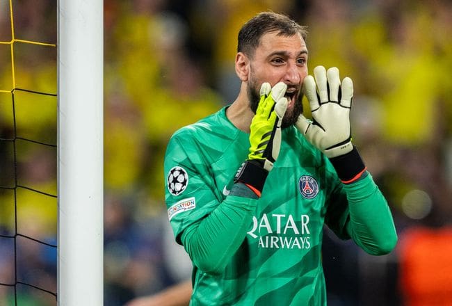 Goalkeeper Gianluigi Donnarumma of Paris Saint-Germain reacts during the UEFA Champions League semi-final first leg match between Borussia Dortmund and Paris Saint-Germain at Signal Iduna Park on May 01, 2024 in Dortmund, Germany. (Photo by Boris Streubel/Getty Images) Manchester City